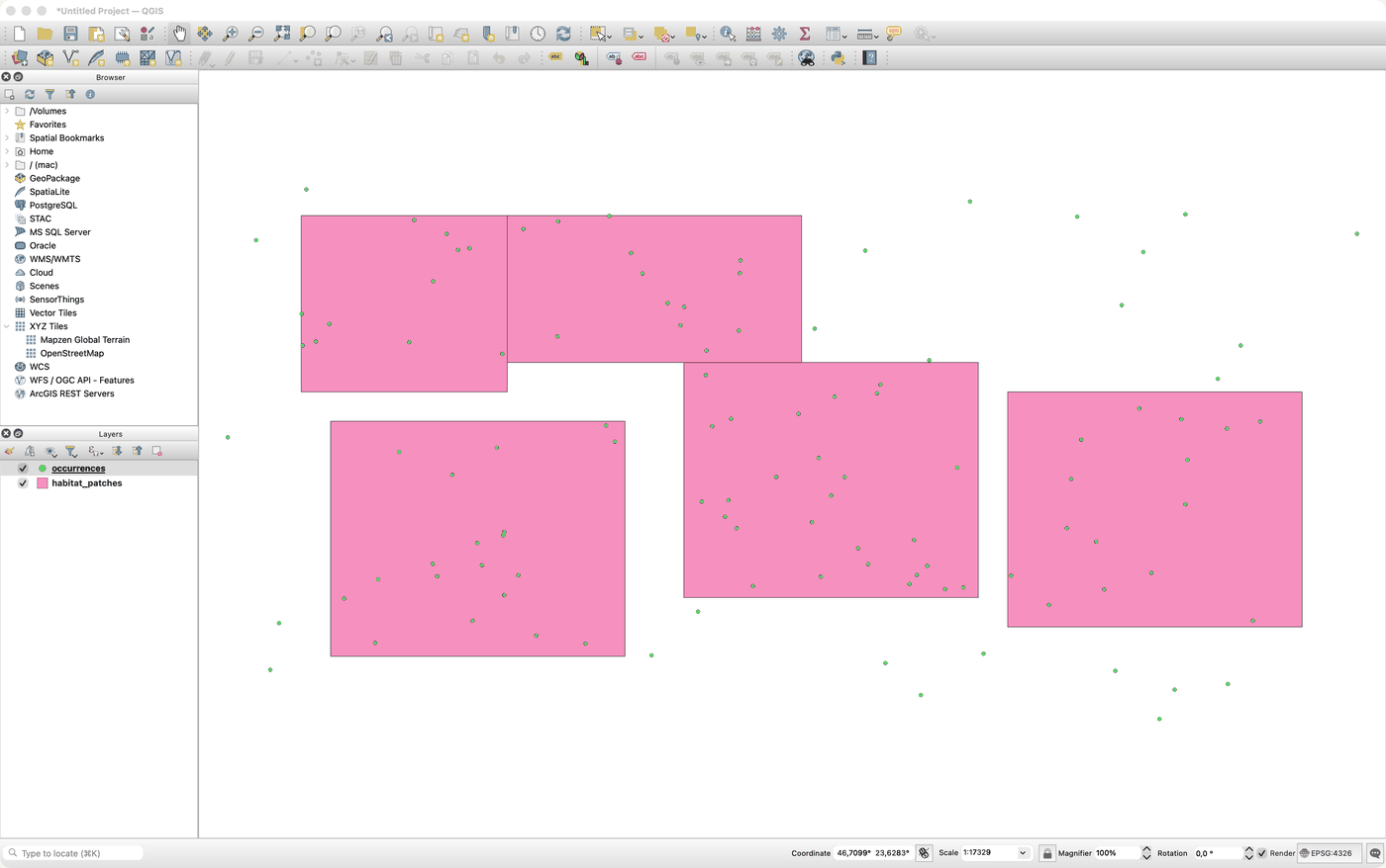 The QGIS canvas showing occurrence points over five habitat polygons. Several points fall outside any polygon.