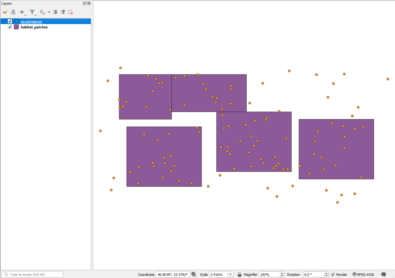 The QGIS canvas showing occurrence points over five habitat polygons. Several points fall outside any polygon.