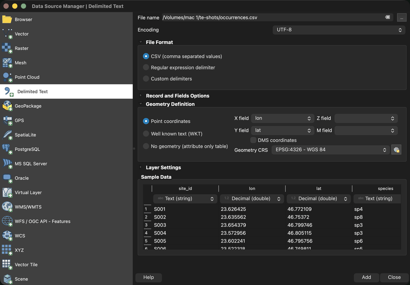 The Add Delimited Text Layer dialog, with lon and lat mapped to the X and Y fields and the geometry CRS set to EPSG:4326.