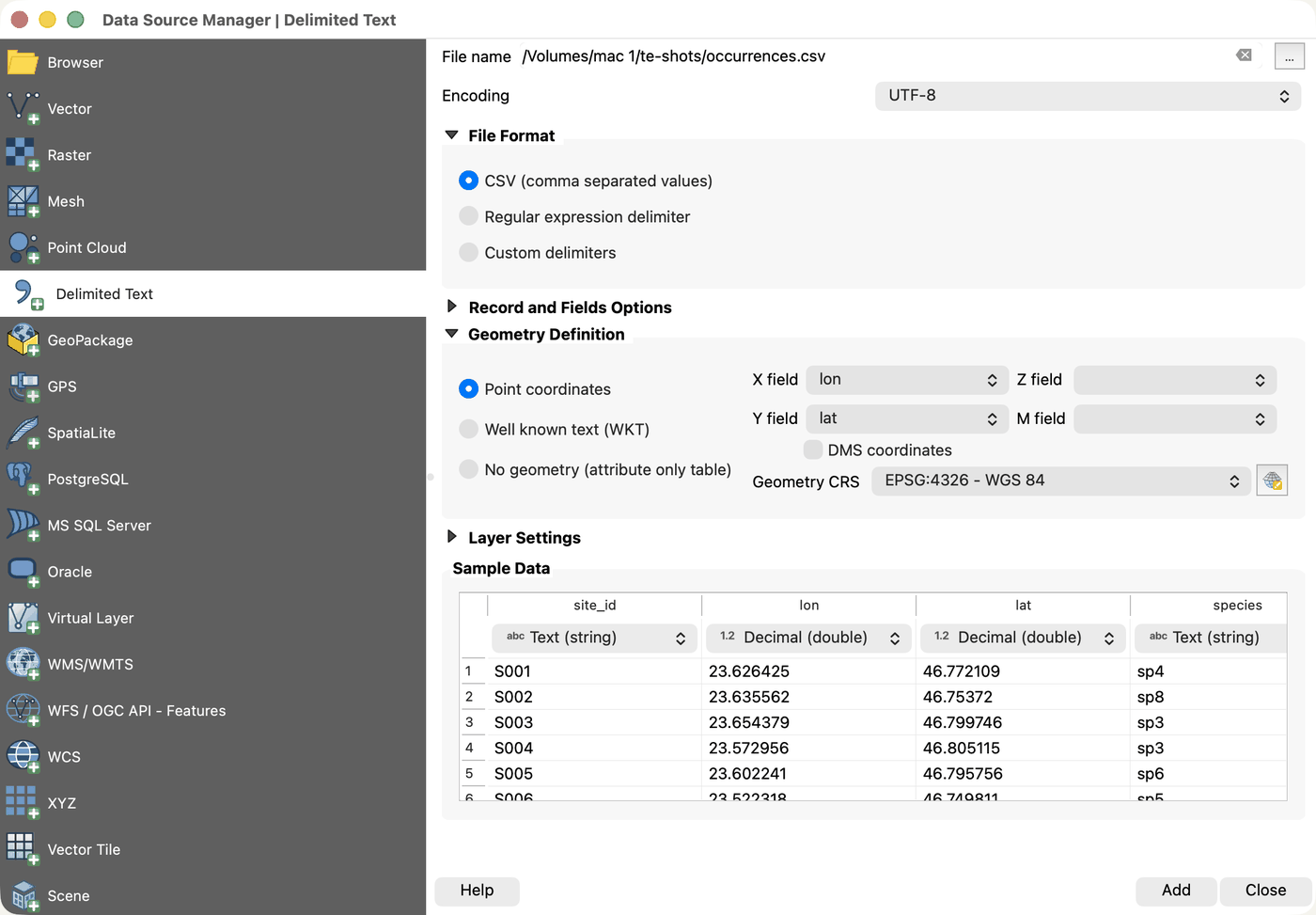 The Add Delimited Text Layer dialog, with lon and lat mapped to the X and Y fields and the geometry CRS set to EPSG:4326.