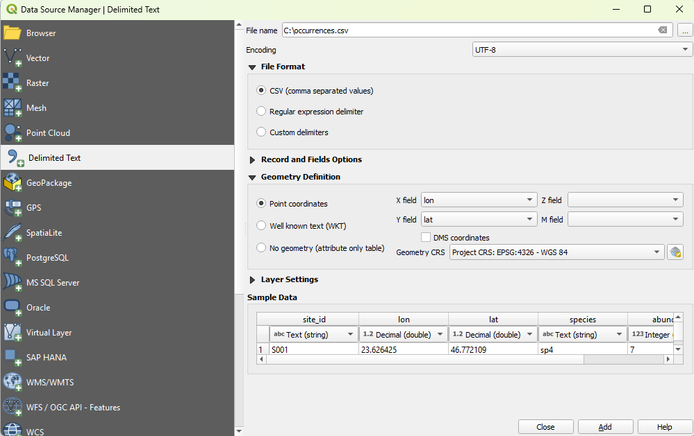 The Add Delimited Text Layer dialog, with lon and lat mapped to the X and Y fields and the geometry CRS set to EPSG:4326.