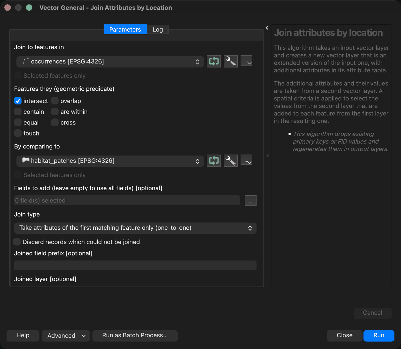 The Join attributes by location dialog, set to an intersect predicate, one-to-one join, with the discard option left unchecked.