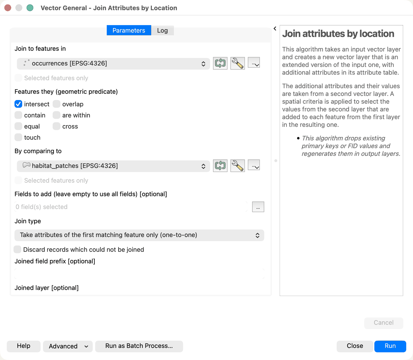 The Join attributes by location dialog, set to an intersect predicate, one-to-one join, with the discard option left unchecked.