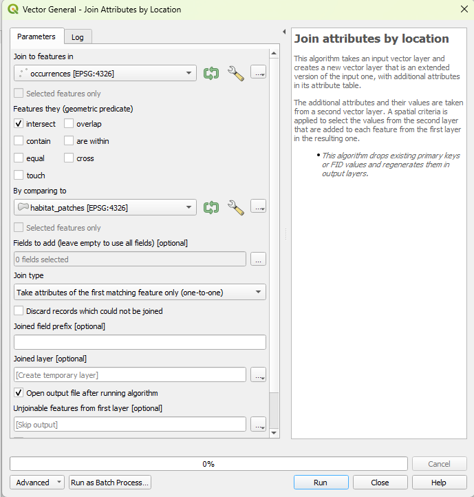 The Join attributes by location dialog, set to an intersects predicate, one-to-one join, with the discard option left unchecked.