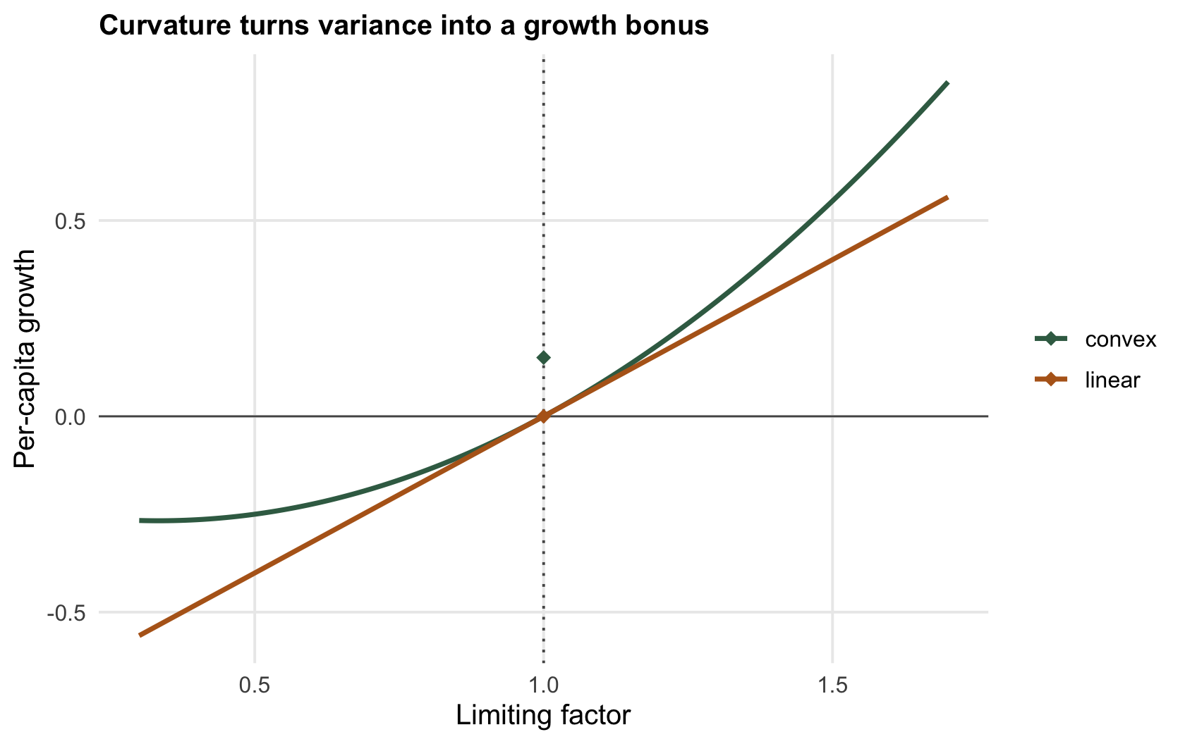 Two growth curves against a limiting factor, one straight and one curving upward, both through zero at the mean; markers show the averaged convex value sits above zero while the linear average stays at zero.