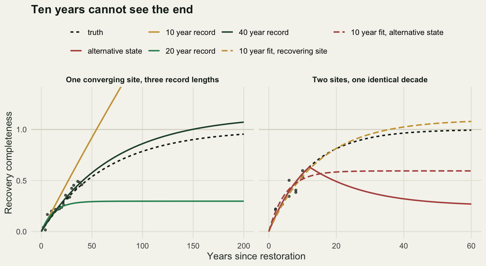 Two panels. On the left, three fitted curves diverge wildly from a dashed true recovery curve: one rises steeply and flattens early, one climbs off the top of the panel, and the forty year fit tracks the truth. On the right, a curve that keeps rising towards complete recovery and a curve that peaks near two thirds in year twelve and then falls away, with two nearly identical fitted curves over the first ten years.