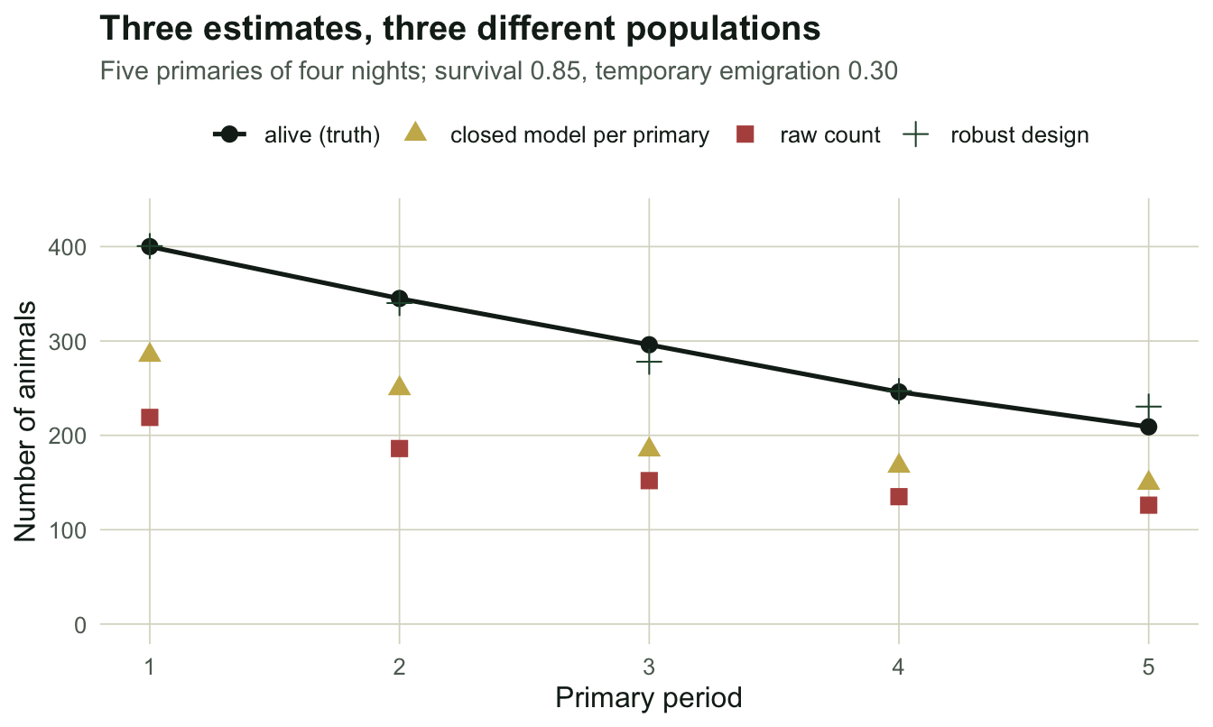Line chart over five primary periods. A dark line for the living population falls from 400 to 209. Forest-green robust-design points sit on it. Gold closed-model points run about thirty per cent below, and rust raw counts lower again.