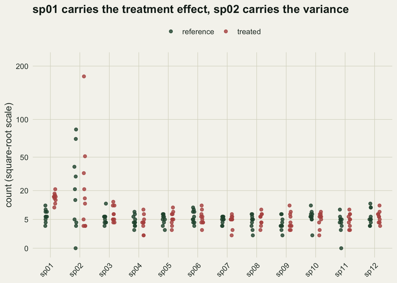 Strip plot with twelve species on the horizontal axis and abundance on a square-root scale. Points for sp02 are scattered from zero to well above one hundred in both groups; points for sp01 sit in two tight clouds that are clearly offset between groups; the remaining ten species overlap.