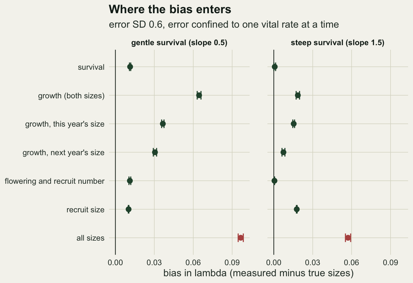 Two side-by-side dot charts on warm off-white paper, titled gentle survival (slope 0.5) and steep survival (slope 1.5), showing bias in lambda for error in survival, growth with both sizes, growth with this year's size only, growth with next year's size only, flowering and recruit number, recruit size, and all sizes. In the gentle panel growth with both sizes sits near 0.065, the two growth halves near 0.037 and 0.031, the other single rates near 0.01, and the red all-sizes point near 0.097. In the steep panel survival and flowering sit near zero, growth near 0.019, recruit size near 0.018, the two growth halves near 0.015 and 0.007, and the red all-sizes point near 0.057. Error bars are barely wider than the points.