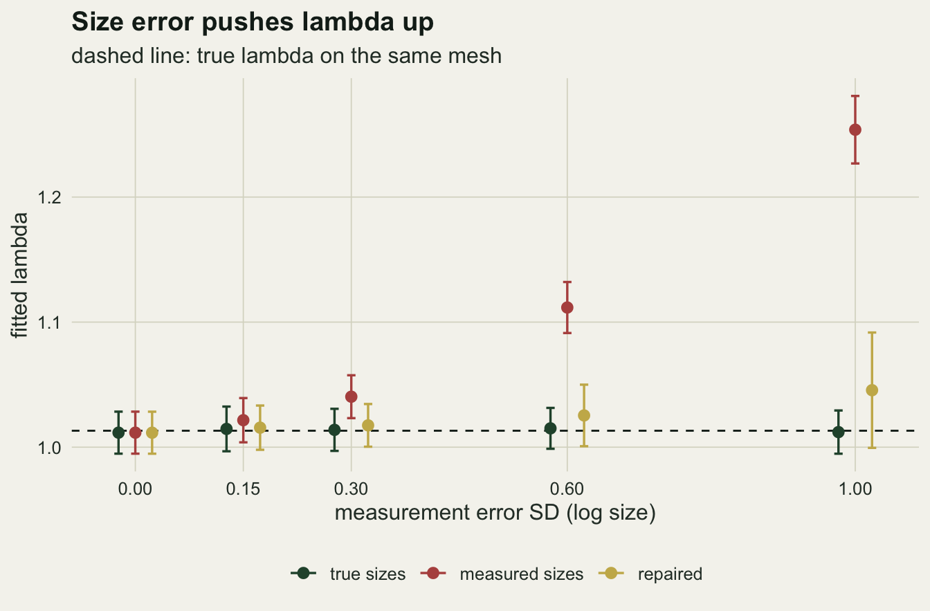 A dot-and-bar chart on warm off-white paper of fitted lambda against measurement error SD at 0, 0.15, 0.3, 0.6 and 1.0, with a dashed line near 1.01 for the true lambda. Dark green points for true sizes sit on the line throughout. Red points for measured sizes rise to about 1.04 at 0.3, 1.11 at 0.6 and 1.25 at 1.0, their bars clear of the dashed line from 0.3 on. Gold points for the repaired fit stay near the line, about 1.03 at 0.6 and 1.05 at 1.0, with bars that grow longer than the red ones at the two largest error levels.