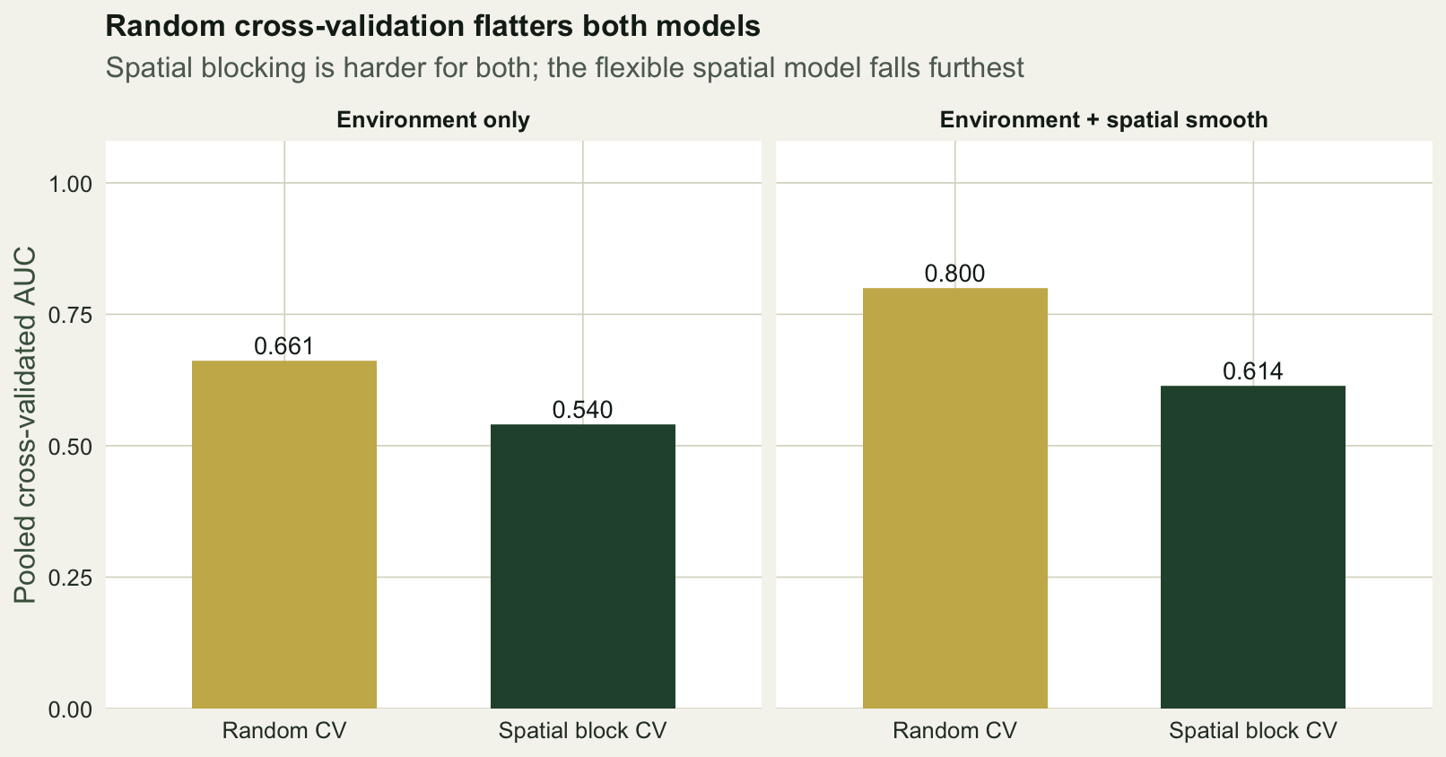 Grouped bars. Environment-only model: random CV 0.661, spatial block CV 0.540. Environment plus spatial smooth: random CV 0.800, spatial block CV 0.614. Both models score lower under spatial blocking.