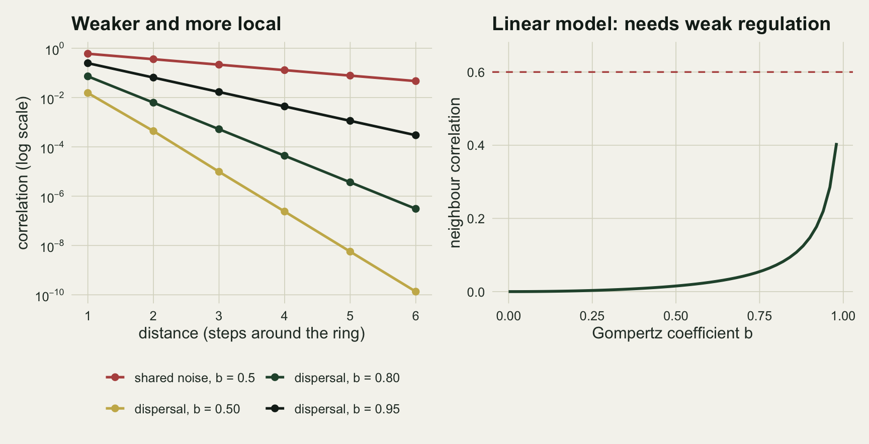 Two panels on warm off-white paper. Left: correlation on a log scale against distance from one to six steps around the ring. A red line for shared noise falls gently from six tenths to about five hundredths. Three dispersal lines start lower and fall much more steeply: near black for b equal to ninety five hundredths ends near three ten thousandths, dark green for eight tenths ends below one millionth, and gold for one half ends near ten to the minus ten. Right: a dark green curve of neighbour correlation against the Gompertz coefficient stays close to zero up to about three quarters and then climbs sharply to about four tenths at the right end, still well below a dashed red line at six tenths.