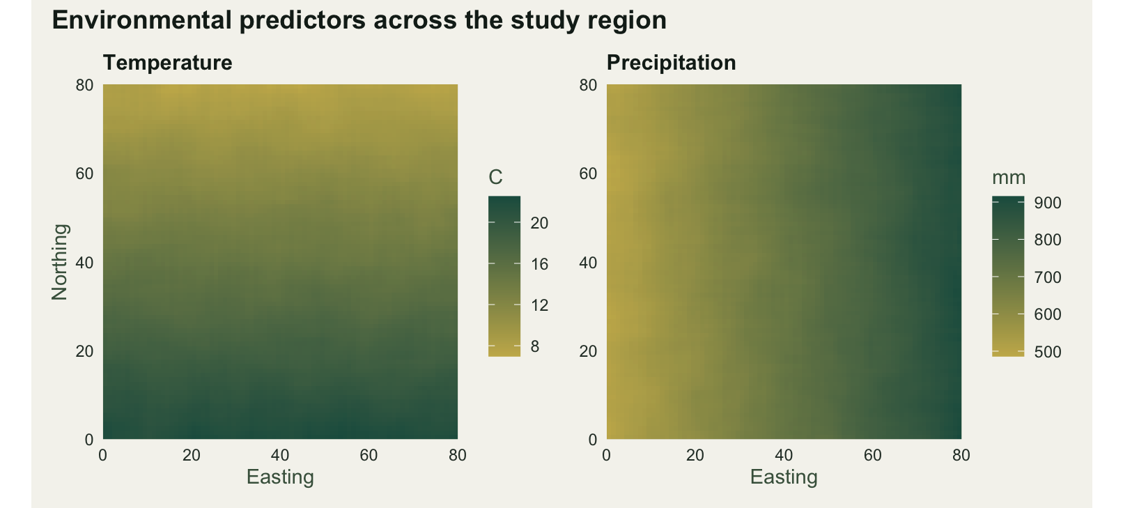 Two maps side by side. Temperature increases from north to south; precipitation increases from west to east. Each uses a separate yellow to dark green scale.