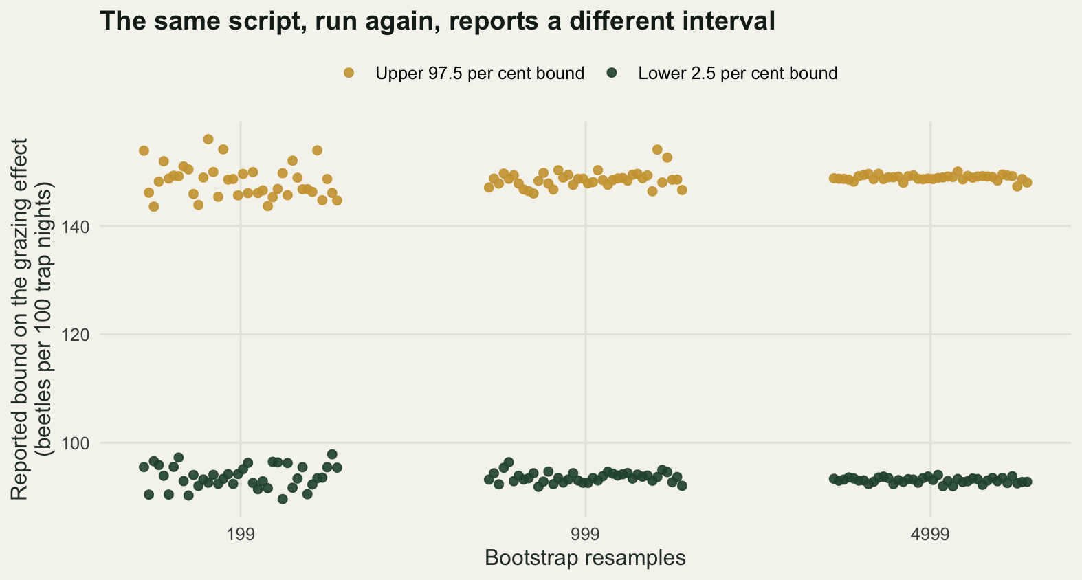 A dot plot with three groups along the horizontal axis, labelled 199, 999 and 4999 resamples, and the reported bound in beetles per hundred trap nights on the vertical axis. Each group has two clouds of forty points, an upper cloud for the 97.5 per cent bound and a lower cloud for the 2.5 per cent bound, in two colours named by a legend. Both clouds are widely scattered at 199 resamples and tighten steadily until they are almost single lines at 4999.