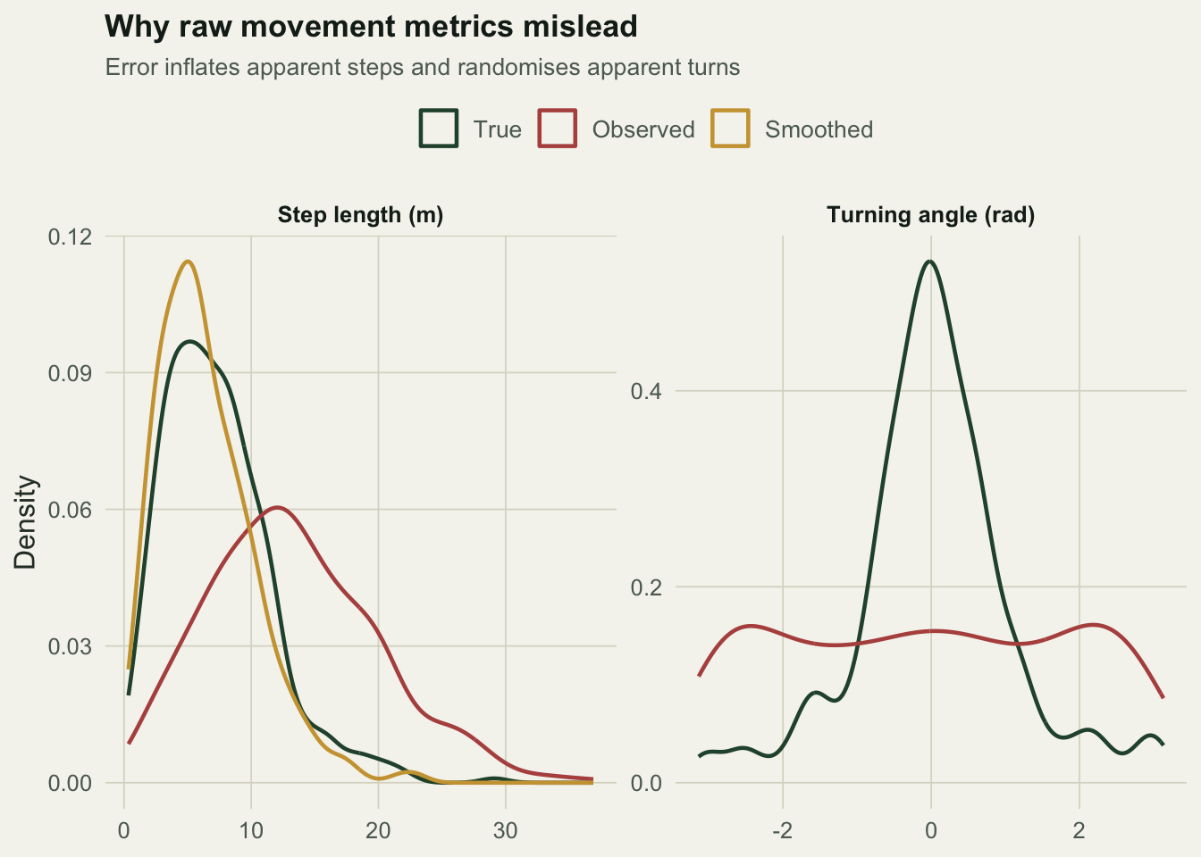 Two density panels comparing true, observed, and smoothed step lengths and turning angles, showing observation error inflating steps and randomising turns.