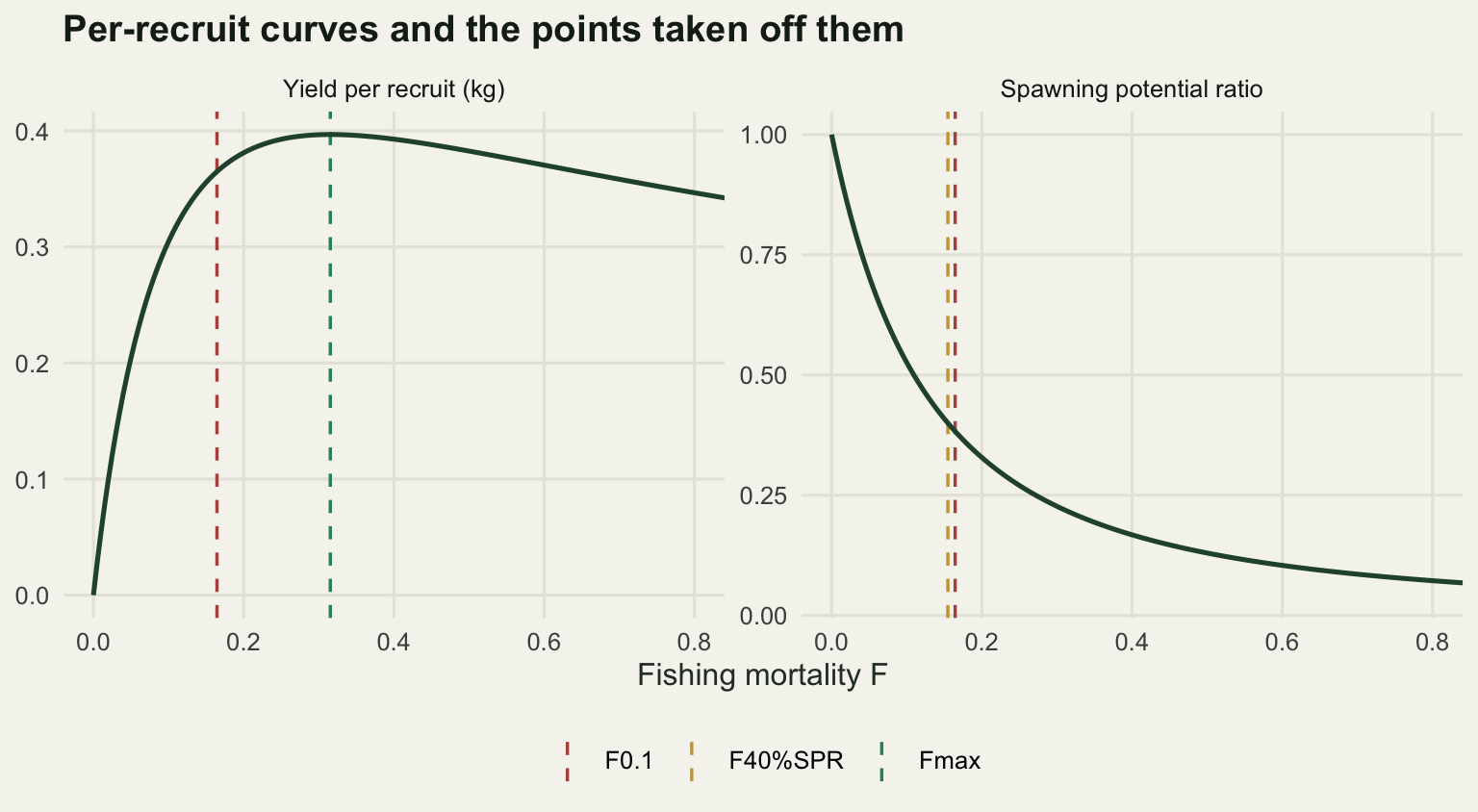 Two panels against fishing mortality. The left panel shows yield per recruit rising to a peak near 0.32 then declining slowly, with dashed vertical lines at F0.1 and Fmax. The right panel shows spawning potential ratio falling from one towards zero, with dashed vertical lines at F0.1 and F40%SPR that nearly coincide.