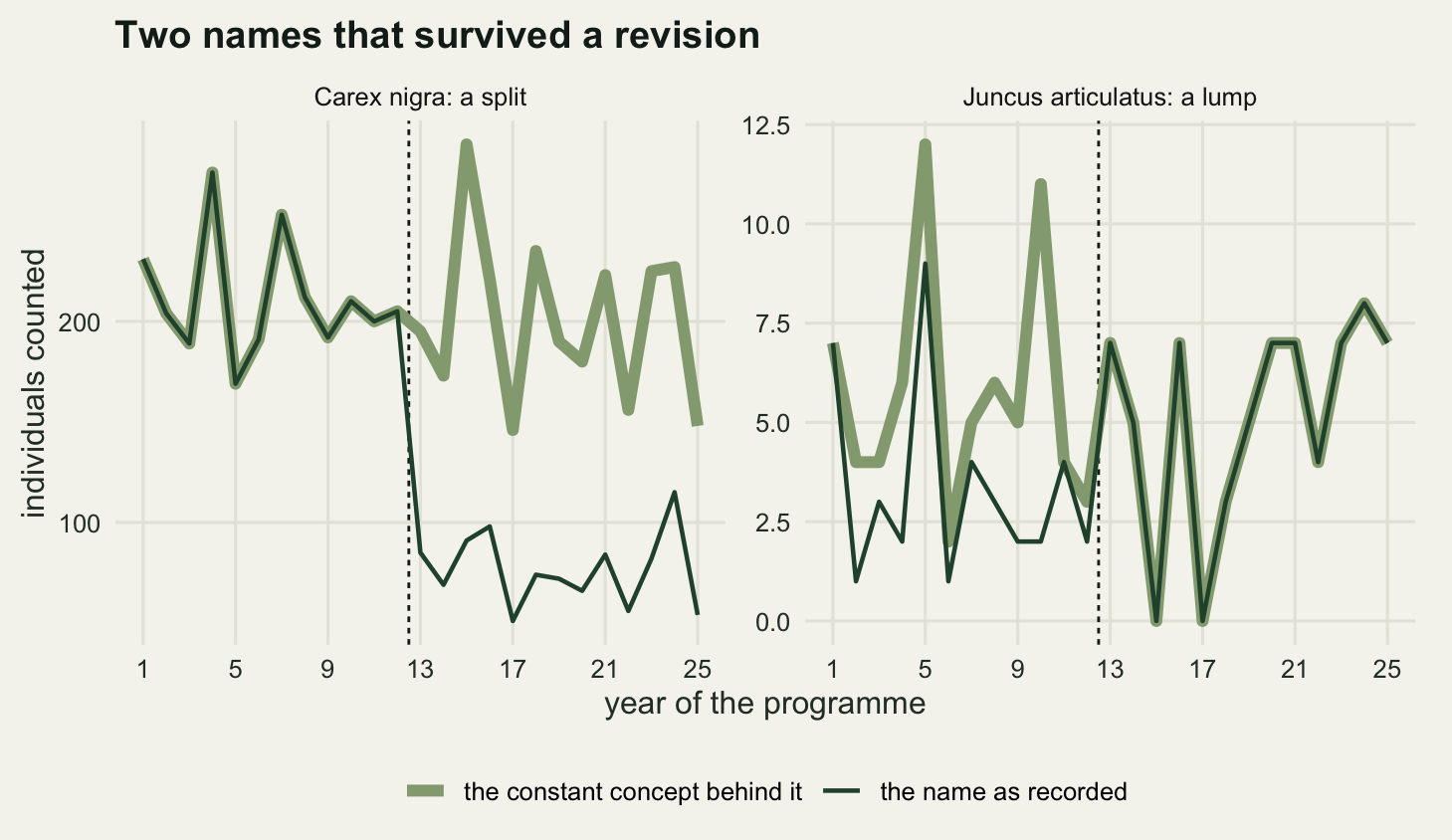 Two panels of jagged annual count series against year, with a dotted vertical line at year thirteen in each. In the left panel a thick pale green line stays around two hundred throughout while a thin dark line follows it exactly for twelve years, then falls to around seventy and stays there. In the right panel a thick pale green line wanders between four and twelve, a thin dark line runs below it at half its level for twelve years, then rises to sit exactly on top of it for the rest of the panel.