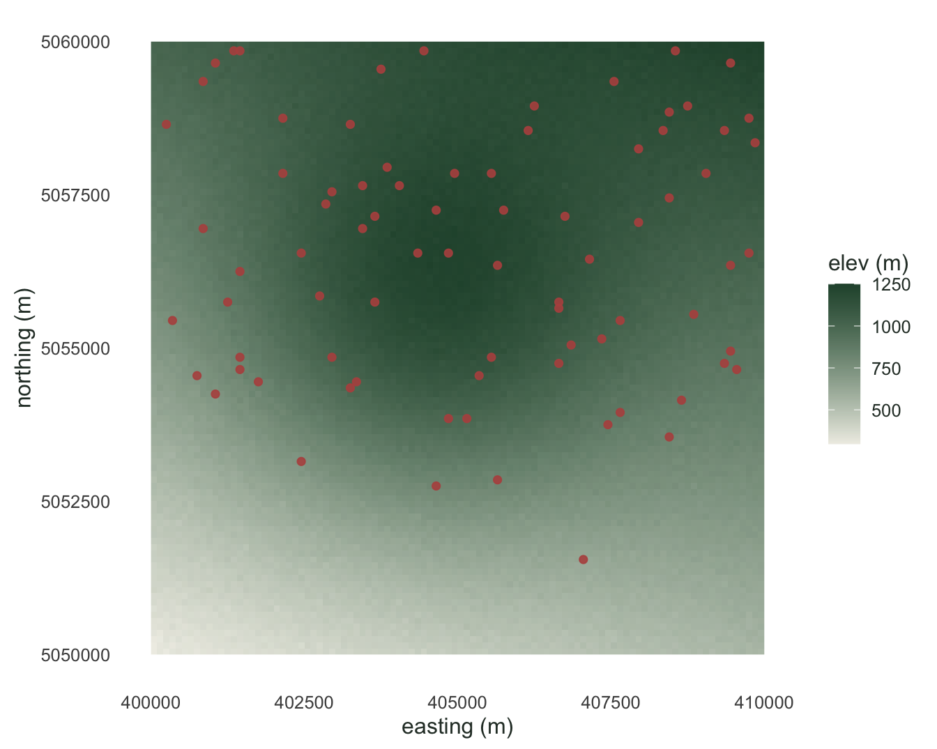 Shaded elevation grid going from pale low ground to dark green high ground, overlaid with scattered red points concentrated on the higher areas.