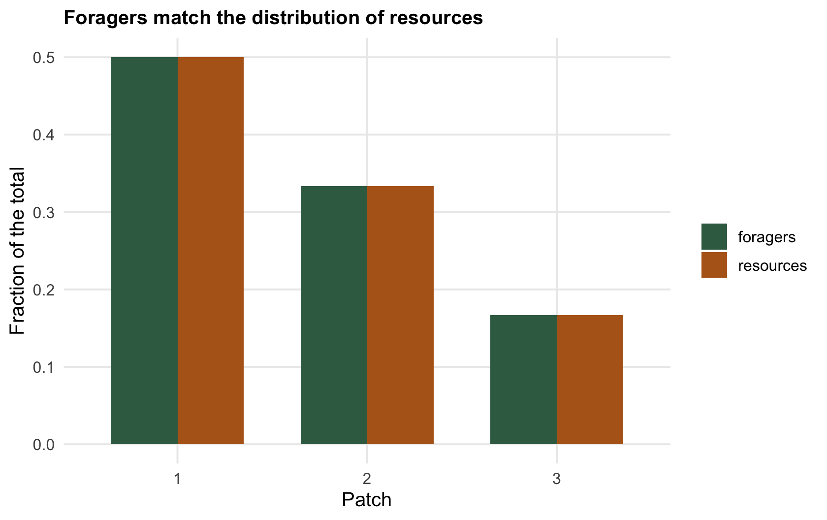 Grouped bars for three patches; in each the forager fraction and resource fraction are equal, illustrating input matching.