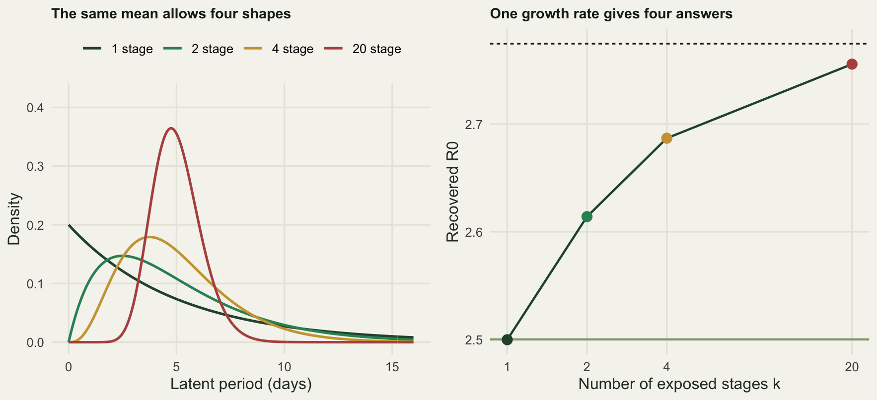 Left panel: four density curves over days, the one stage curve a decaying exponential peaking at zero, the twenty stage curve a narrow bell centred on the five day mean. Right panel: the recovered reproduction number rising with stage count on a logarithmic axis, climbing away from the solid true value line towards the dashed fixed delay line above it.