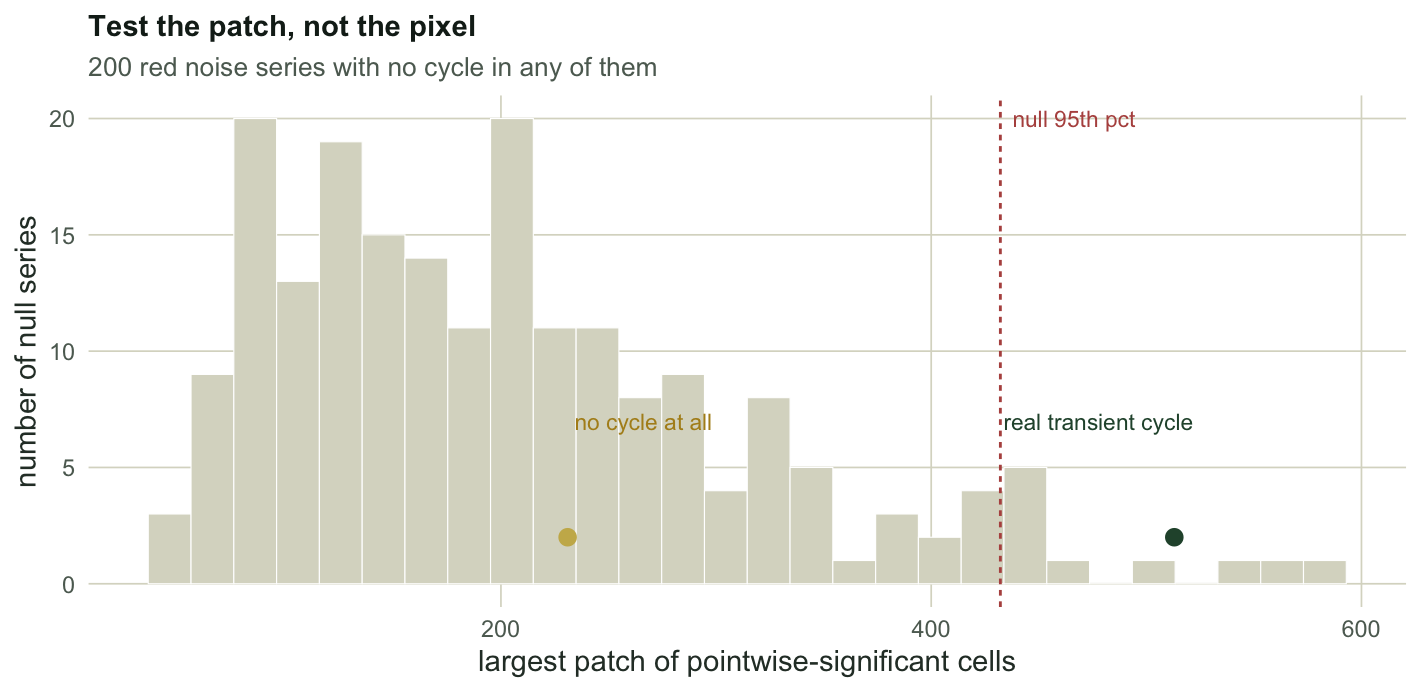 A histogram of largest-patch sizes under the null, spread mostly between about 50 and 450 cells. A dashed vertical line marks the 95th percentile near 430. One marker sits beyond that line, and another sits inside the bulk of the histogram.