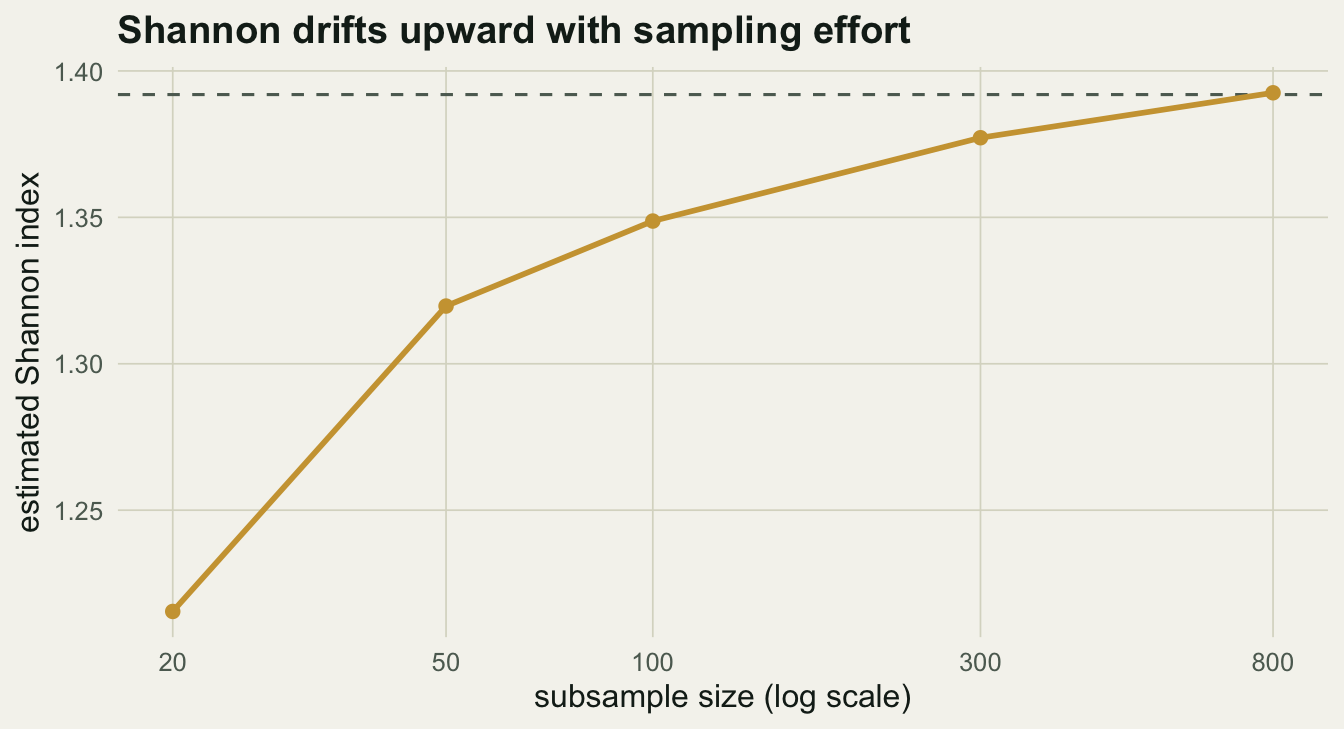 A rising curve of estimated Shannon index against subsample size on a log axis, climbing from about one point two and flattening near one point four, with a horizontal line at the true value.